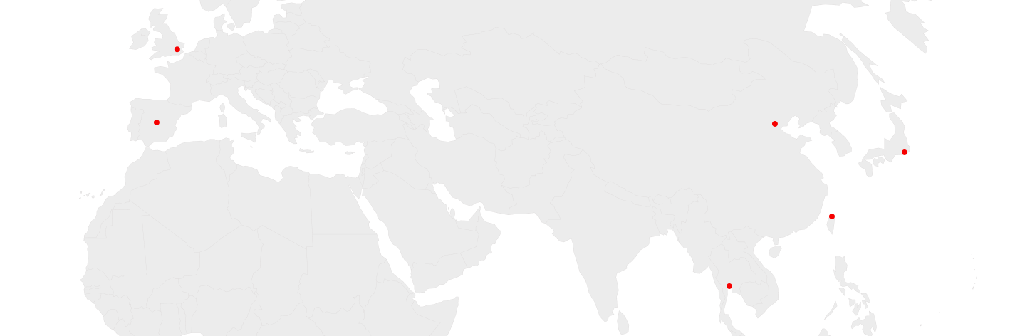 Team location in world map - Madrid, London, Bangkok, Beijing, Taipei, Tokyo